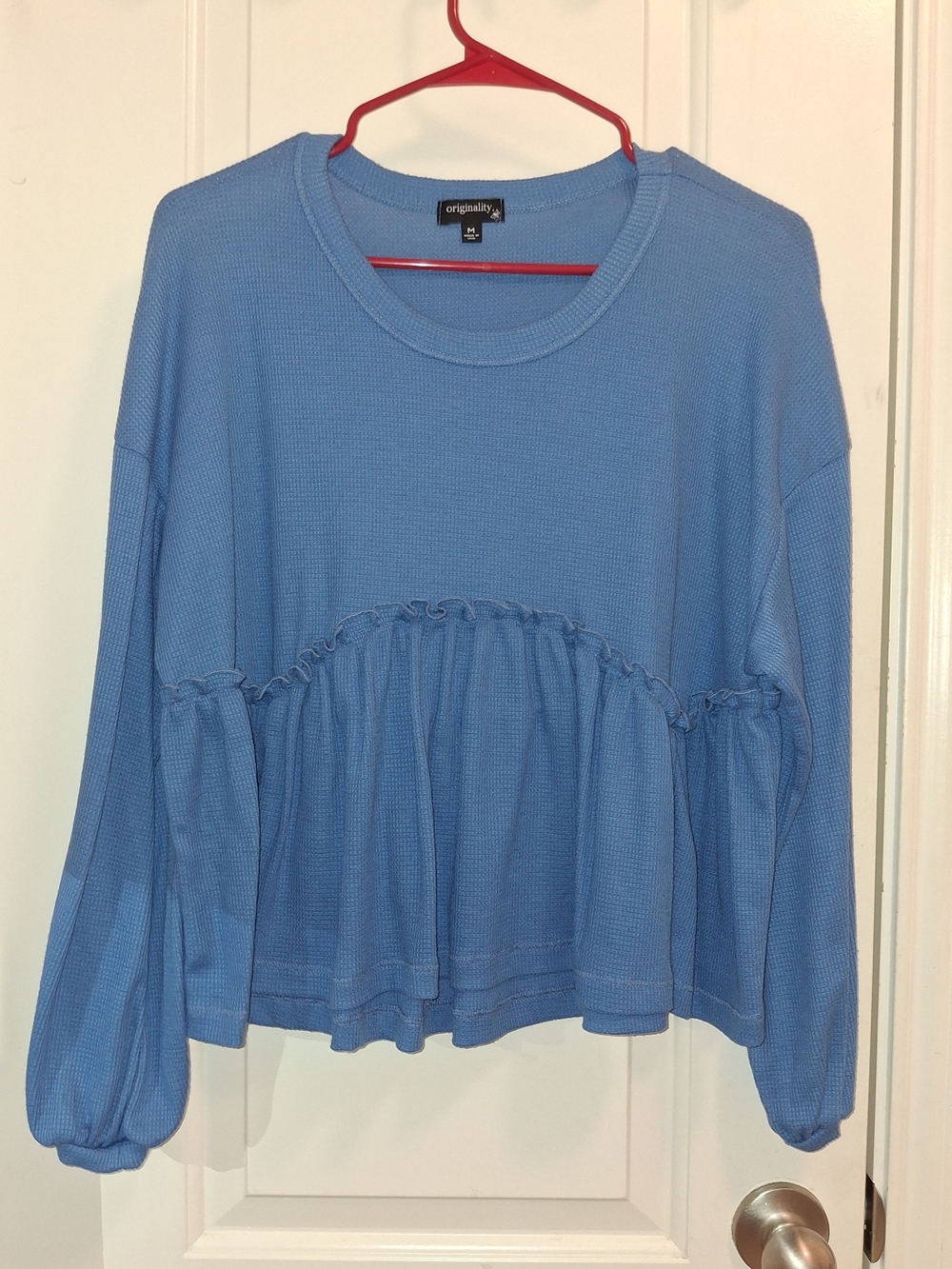 Blue Ruffle Peplum Long-Sleeve Top